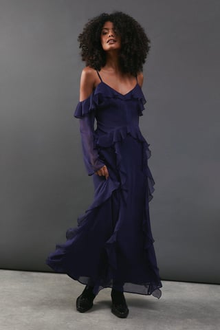 Chiffon Cold Shoulder Ruffle Detail Maxi Dress