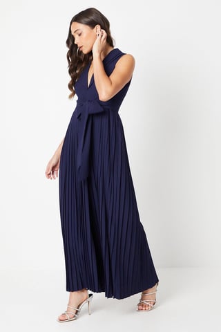 Petite Pleated Wide Leg Sleeveless Jumpsuit