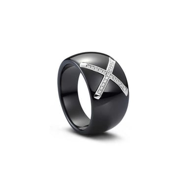 Silver, Black Ceramic and White Cubic Zirconia Ring