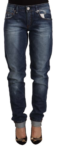 Acht Women's Blue Washed Mid Waist Slim Fit Denim Folded Hem Jeans