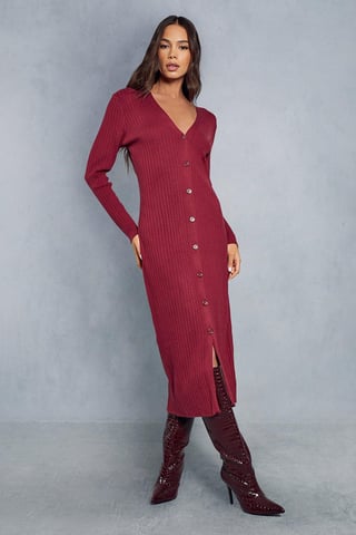 Rib Knit Button Down Midi Dress