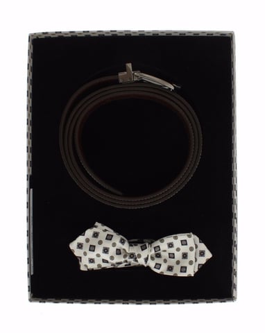 Dolce & Gabbana White Silk Bowtie Leather Men's Belt Gift Box
