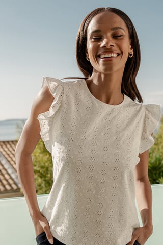 White 'Banana' Cotton Broderie Frill Sleeve Blouse