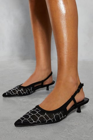 Diamante Mesh Pointed Low Heels