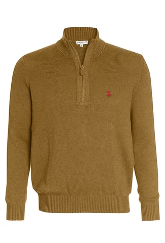 U.S. POLO ASSN. Men's Zip Troyer - Sweater with stand-up collar - Elegant long-sleeved knitted sweater in beige