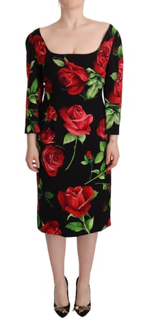 Dolce & Gabbana Kvinno svart röd rosor sheath stretch sidenklänning