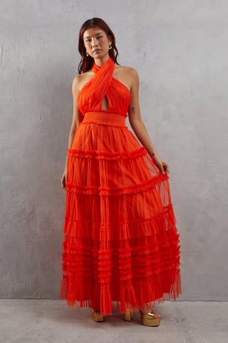 Tulle Halter Shirred Waist Tier Maxi Dress