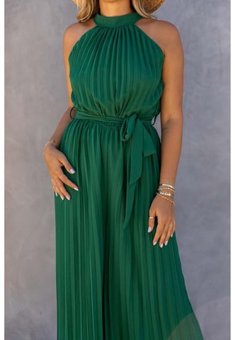 Women's Pleated Wide Leg Jumpsuit with Belt in Green