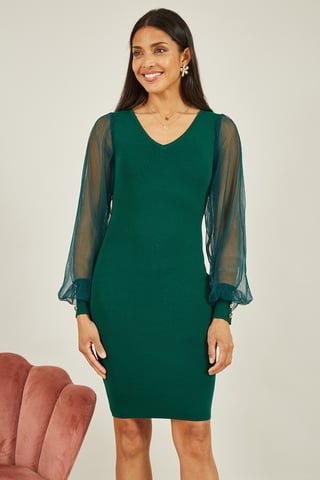 Green Knitted Body Con Dress With Chiffon Sleeve