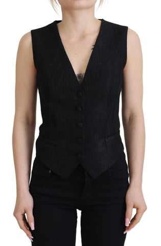 Dolce & Gabbana Women's Black Brocade Button Down Sleeveless Vest Top