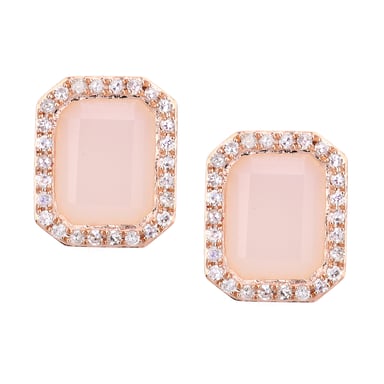 9ct Rose Gold Diamond and Pink Opal Rectangular Cut Stud Earrings