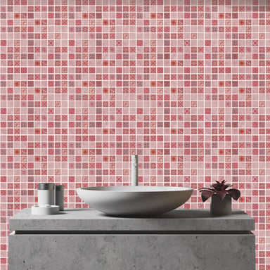 Pink Marble Vintage Azulejo Mosaic Wall Tile Sticker Set - 15cm (6inch) - 24pcs one pack Self Adhesive DIY Wall Sticker