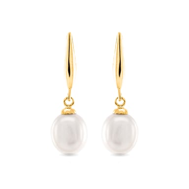 Luxenter Essential Earrings in 925 Sterling Silver and White Pearl finished in 18 carat yellow gold
