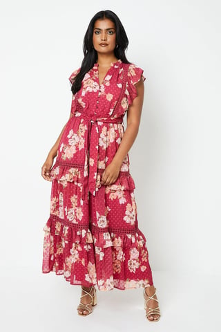 Floral Dobby Chiffon Trim Belted Midi Dress