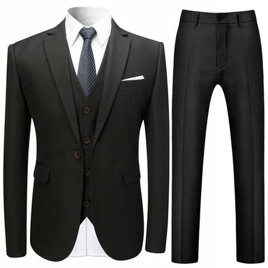 3-Piece Slim Fit Solid Black Smart Wedding Formal Suit