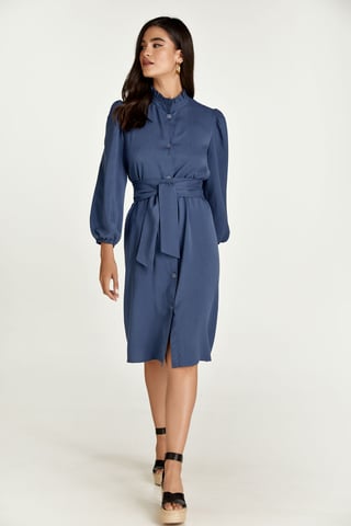 Indigo jurk met lange mouwen en riem in Tencel