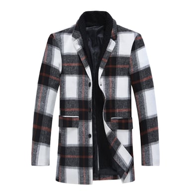 Men's Long Slim Fit Checked Winter Thick Coat with Shawl Collar Red