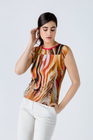 Print Cap Sleeve Top with Trim Detail