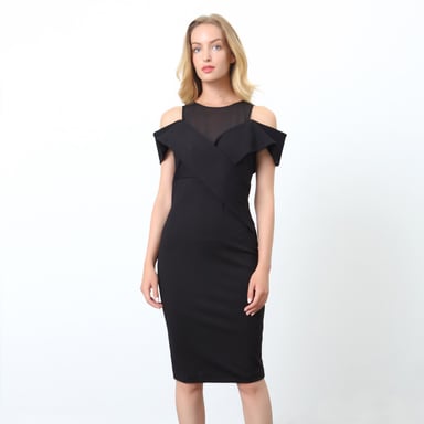 Fitted dress Bardot neckline in jersey and mesh