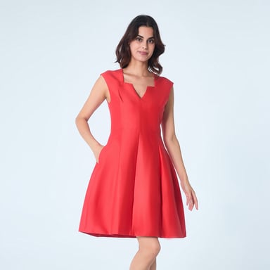 Fit-and-flare satin short dress square V neckline
