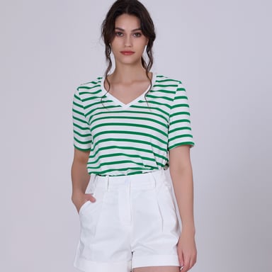 V neck stripes cotton T-shirt