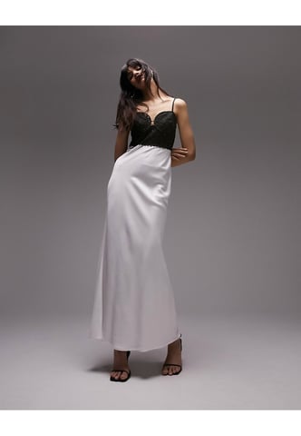 Topshop broderie bodice midi slip dress in mono-Black