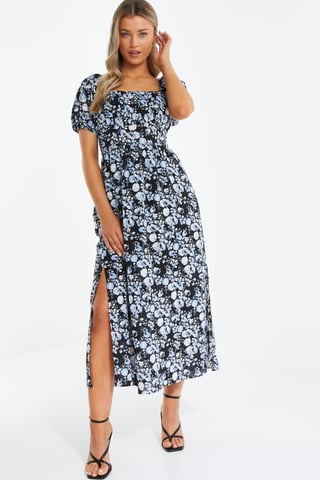 Black Floral Puff Sleeve Midi Dress