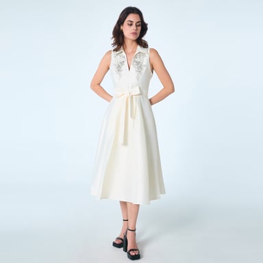 Fit-and-flare taffeta beaded cocktail dress