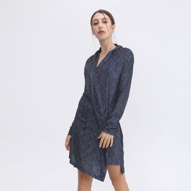 Short velvet dress with draped effect and Liberty print