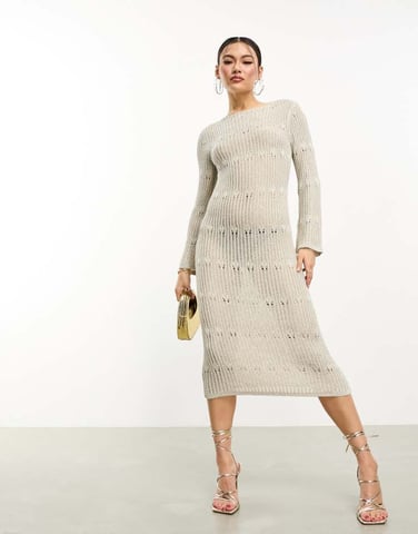 ASOS DESIGN metallic knitted maxi dress with stitch detail in silver
