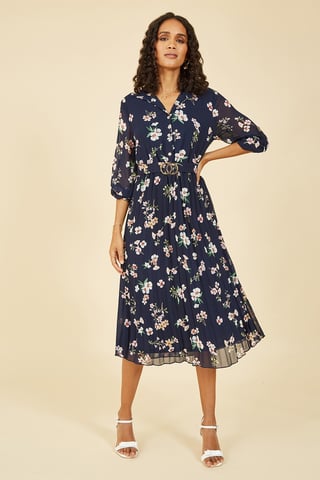 Mela Navy Floral Print Midi Dress With Gold Buckle Belt Detail