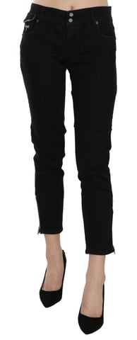 John Galliano Women's Black Mid Waist Cropped Cut Hem Denim Casual Pants