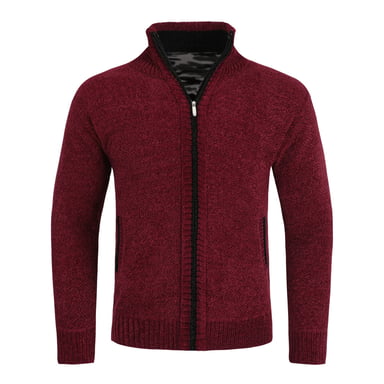 Men's Cardigan with Zip and Stand-Up Collar, Lined Chunky Knit Pullover Red