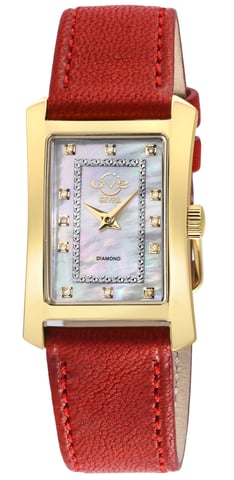 GV2 Dames Luino Diamant Witte MOP Wijzerplaat, Zwitserse Kwartszak Genuine Italiaans Leder Rode Horloge