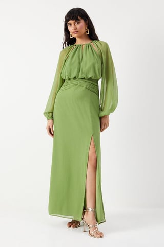 Chiffon Cut Out Detail Volume Sleeve Maxi Dress
