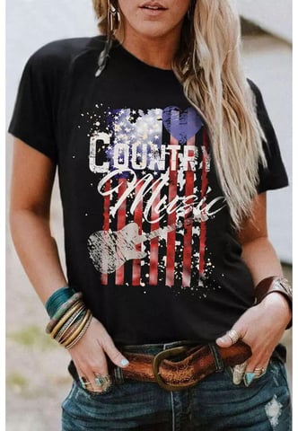 Women's American Flag Print Short Sleeve T-Shirt in Black