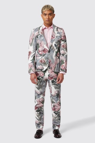 Dali Skinny Fit White Cotton Floral Suit