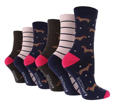 Wildfeet - 6 Paar Multipack Dames Crew Sokken - Leuke Dierenpatroon Sokken - Dashchchund