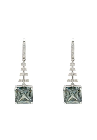Spiral Square Crystal Drop Earrings Peridot Green Silver
