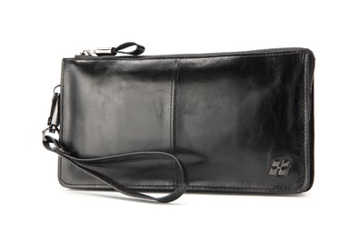 Hautton Leather Black Wrist Bag 8.0" Central Zip Compartment Removeable Strap