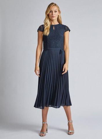 Dorothy Perkins Womens Tall Navy Blue Lace Pleated Dress Short Sleeve Round Neck