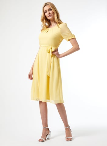 Dorothy Perkins Womens Billie & Blossom Yellow Puff Sleeve Midi Dress Scoop Neck