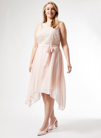 Dorothy Perkins Womens Billie & Blossom Curve Pink Lace Hanky Hem Midi Dress