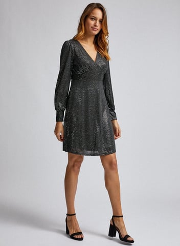 Dorothy Perkins Womens Vero Moda Black Short Skater Dress Long Sleeve V-Neck