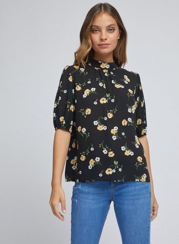 Dorothy Perkins Womens Petite Black Floral Top Turtleneck 3/4 Sleeve Blouse