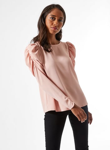 Dorothy Perkins Womens Petite Pink Long Sleeve Puff Shoulder Top Blouse