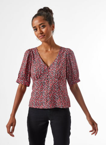 Dorothy Perkins Womens Petite Red Ditsy Print Button Through Top Blouse