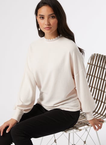 Dorothy Perkins Womens Petite Blush Lace Trim High Neck Long Sleeve Top Blouse