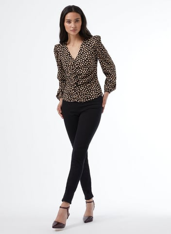 Dorothy Perkins Womens Petite Black Spot Rouched Top Blouse Elegant V-Neck