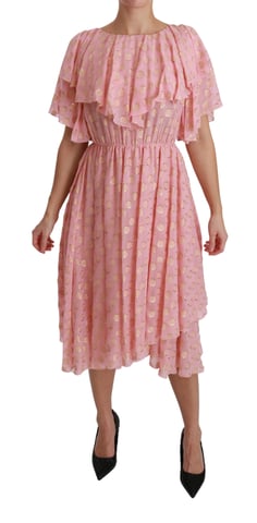 Dolce & Gabbana Silkesammetsklänning med rosa prickar och plisserad A-linje i midi-längd